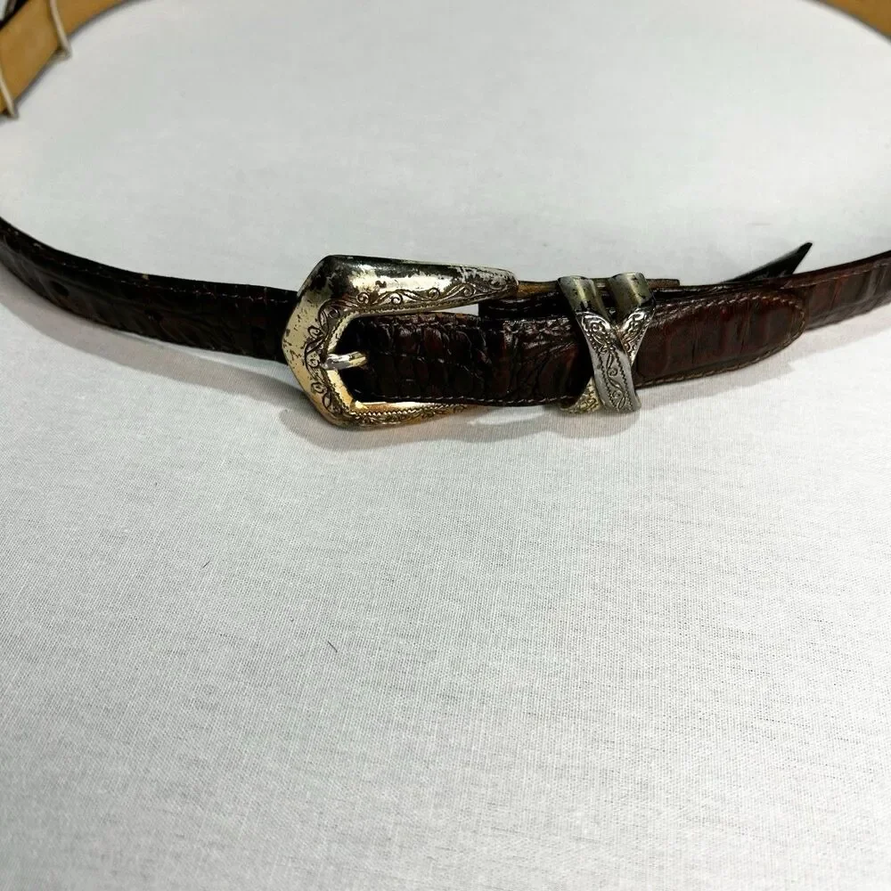 Brighton Western Belt in Brown with sliding metal Xs and silver studs, Tarnished
